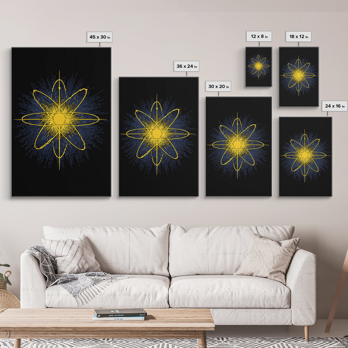 Yellow Atomic Burst Wall Art, Bright Modern Abstract Science Poster, Midcentury Space Decor, Geometric Art Print For Home Office