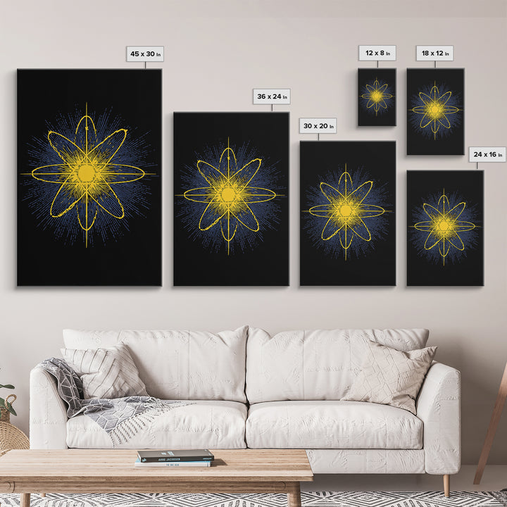 Yellow Atomic Burst Wall Art, Bright Modern Abstract Science Poster, Midcentury Space Decor, Geometric Art Print For Home Office