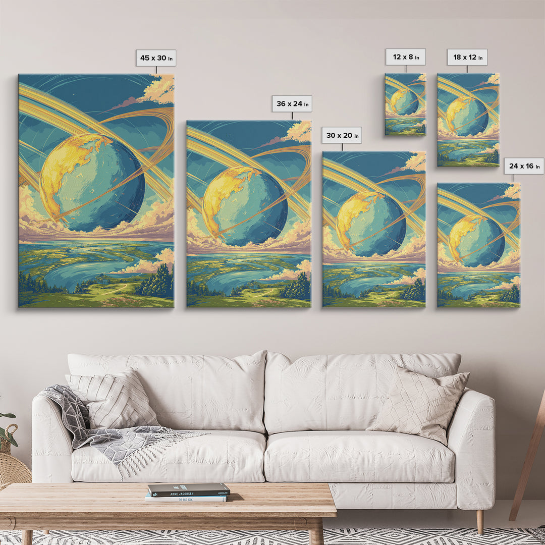 Dreamy Ringed Earth Landscape Wall Art, Retro Futuristic Travel Poster, Colorful Modern Space Decor, Scenic Canvas Print