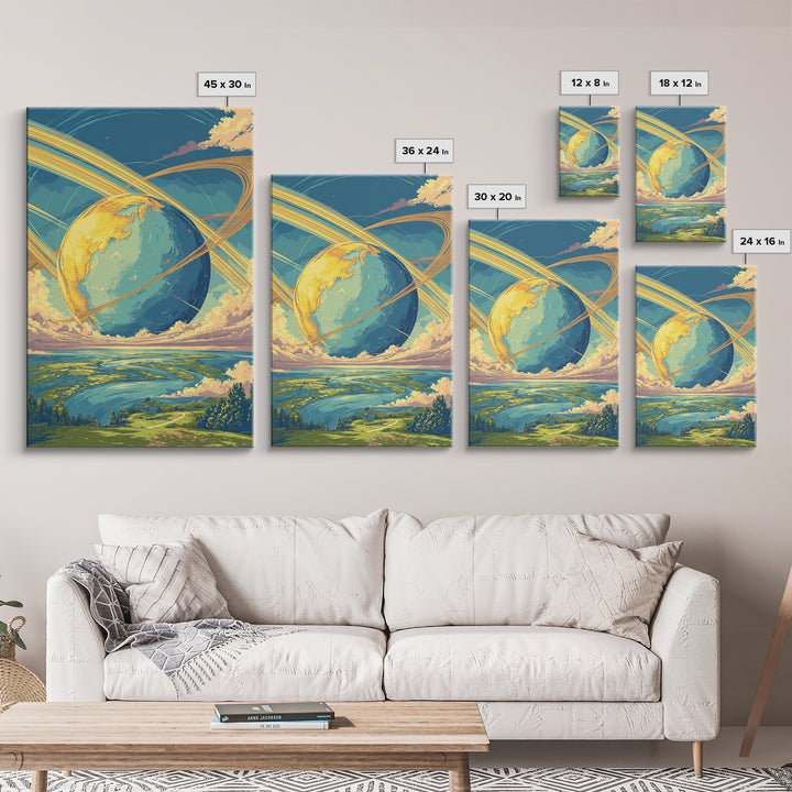 Dreamy Ringed Earth Landscape Wall Art, Retro Futuristic Travel Poster, Colorful Modern Space Decor, Scenic Canvas Print