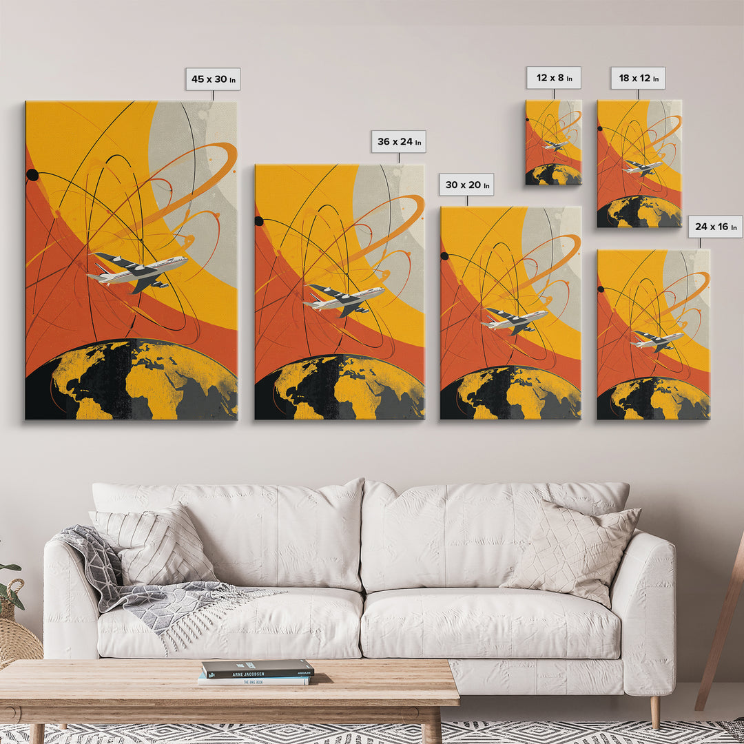 Orange Jet Airplane Orbit Wall Art, Retro Space Age Travel Poster, Midcentury Modern Aviation Decor, Bold Canvas Print For Office