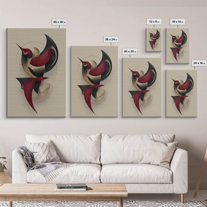 Red Black Beige Kinetic Abstract Bird Framed Canvas Print, Midcentury Modern Wall Art, Sculptural MCM Home Decor, Statement Piece
