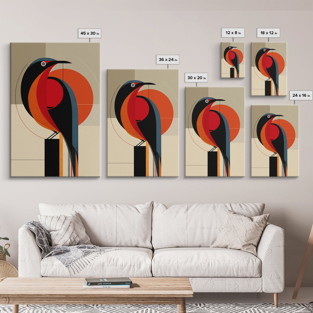 Orange Black Geometric Toucan Framed Canvas Print, Midcentury Modern Wall Art, Atomic Bird Poster, Bold MCM Decor, For Office