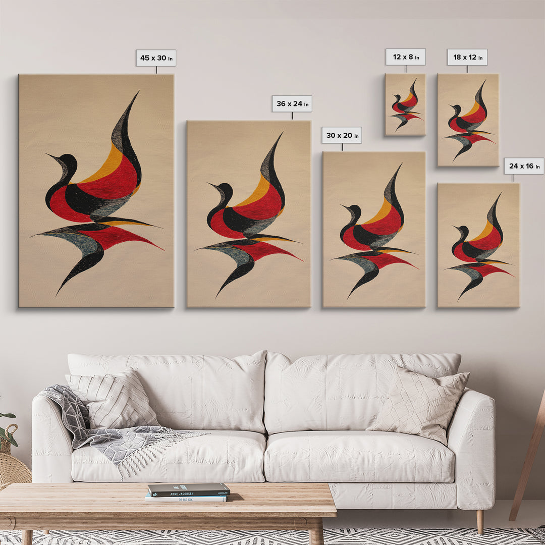 Red Black Abstract Bird Canvas Print, Midcentury Modern Wall Art, Retro Geometric Art, Warm Beige Living Room Decor, Gift