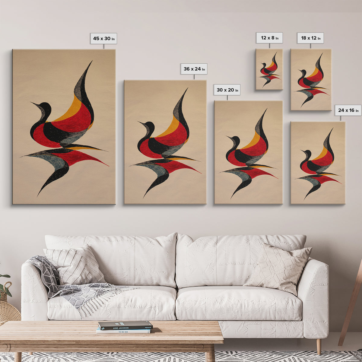 Red Black Abstract Bird Canvas Print, Midcentury Modern Wall Art, Retro Geometric Art, Warm Beige Living Room Decor, Gift