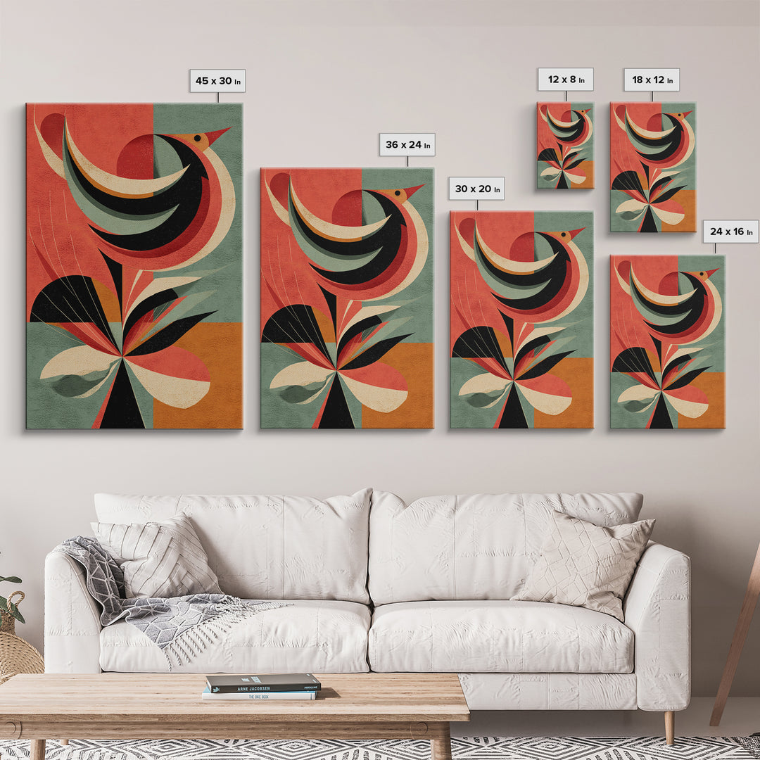 Retro Bird And Flower Wall Art, Midcentury Modern Canvas Print, Colorful Geometric Poster, MCM Botanical Home Decor, Gift
