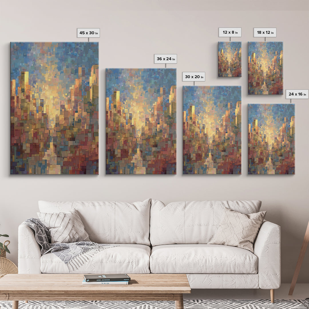 Pixelated Sunset Cityscape Wall Art, Modern Abstract Art Print, Urban Skyline Poster, Colorful Living Room Office Decor, Gift