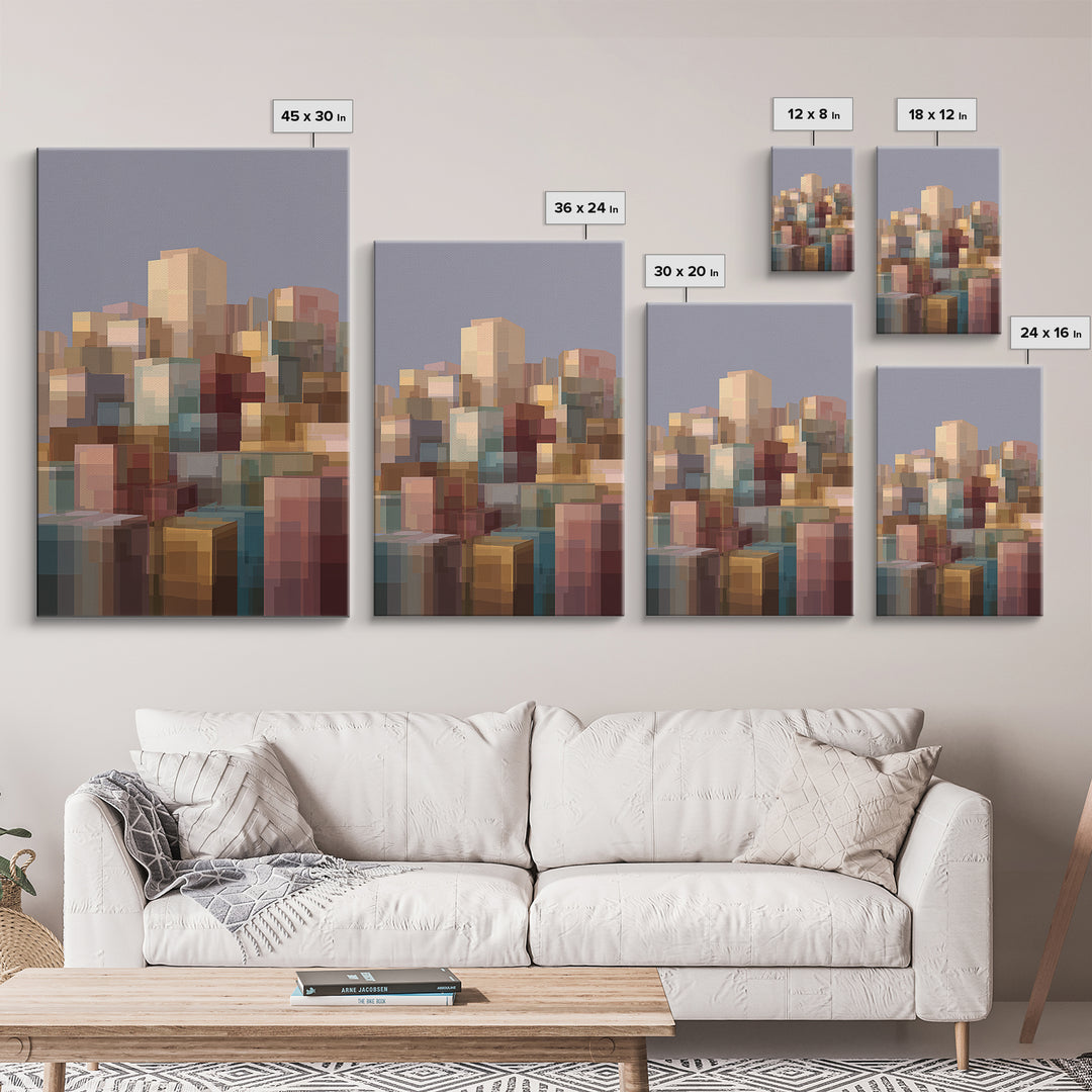 Soft Block City Skyline Canvas Print, Modern Abstract Wall Art, Contemporary Cityscape Poster, Neutral Office Decor, Gift