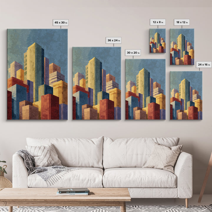 Golden Abstract City Skyline Wall Art, Mid Century Modern Print, Urban Architecture Decor, Colorful Office Living Room Poster