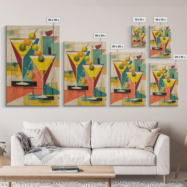 Retro Martini Glasses With Olives Wall Art, Mid Century Modern Bar Cart Decor, Cocktail Poster, Colorful Kitchen Art Print