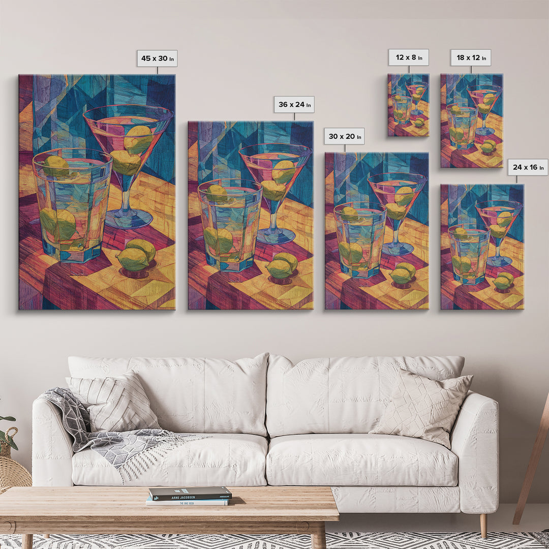 Cubist Cocktail Glasses With Limes Framed Canvas Print, Colorful Retro Wall Decor, Bar Cart Poster, Modern Kitchen Art Print