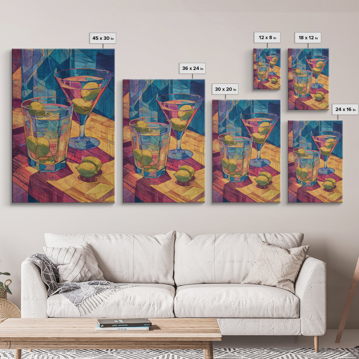 Cubist Cocktail Glasses With Limes Framed Canvas Print, Colorful Retro Wall Decor, Bar Cart Poster, Modern Kitchen Art Print