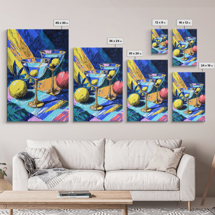Bold Blue Martini Glasses With Lemons Canvas Print, Colorful Pop Art Bar Decor, Retro Cocktail Poster, Funky Kitchen Art