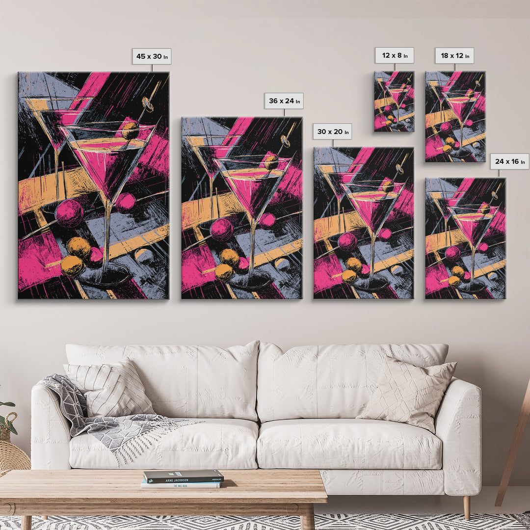 Neon Pink Martini Cocktail Wall Art, Retro Pop Art Bar Cart Decor, Maximalist Kitchen Poster, Bold Modern Canvas Print Gift