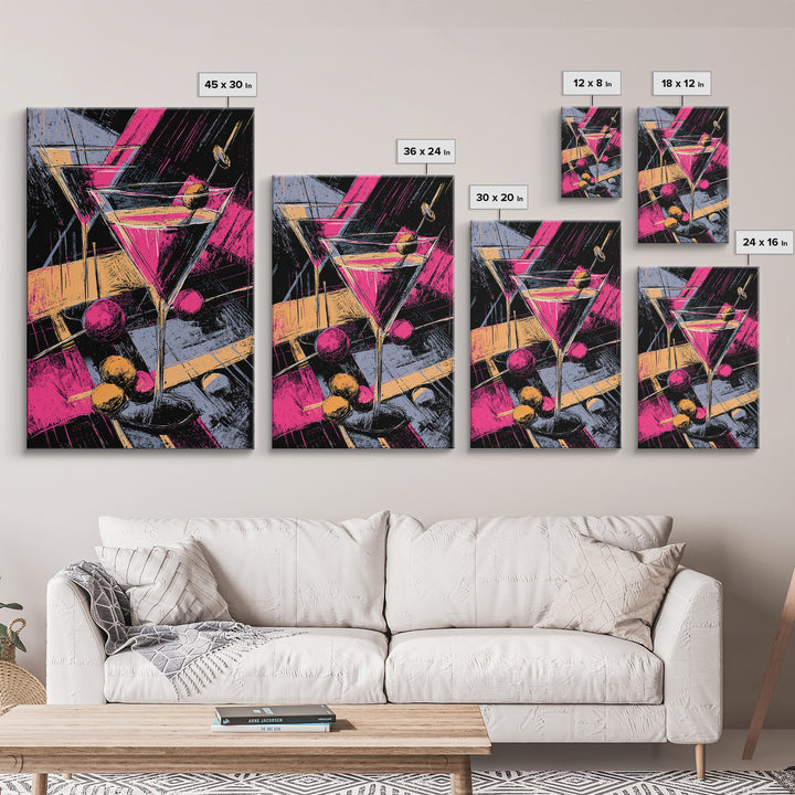 Neon Pink Martini Cocktail Wall Art, Retro Pop Art Bar Cart Decor, Maximalist Kitchen Poster, Bold Modern Canvas Print Gift