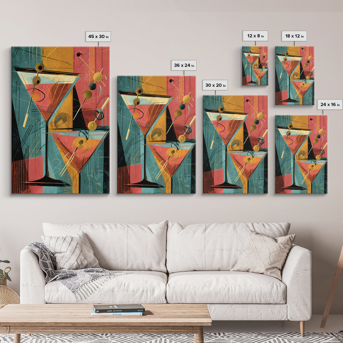 Atomic Martini Glasses With Olives Wall Art, Mid Century Modern Bar Decor, Retro Cocktail Poster, Geometric Kitchen Print