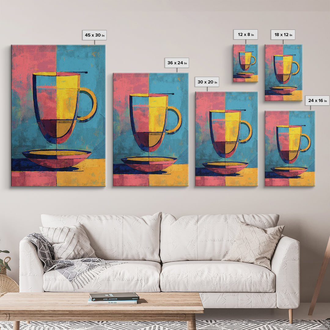 Colorful Modern Mug On Saucer Canvas Print, Mid Century Coffee Wall Decor, Abstract Kitchen Poster, Bold Cafe Art Print Gift