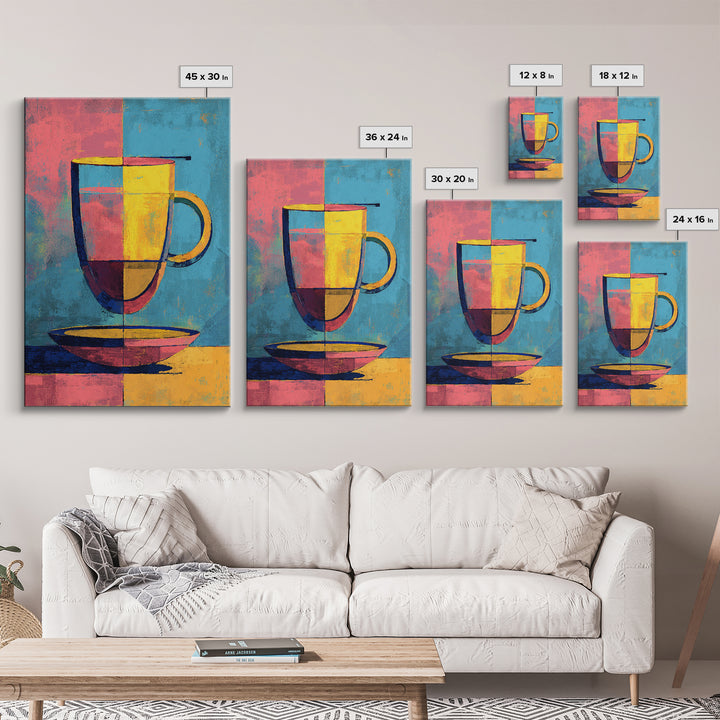 Colorful Modern Mug On Saucer Canvas Print, Mid Century Coffee Wall Decor, Abstract Kitchen Poster, Bold Cafe Art Print Gift