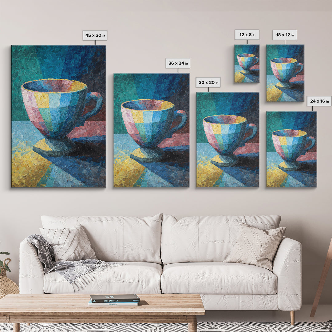 Colorful Teacup Oil Painting Canvas Print, Modern Kitchen Wall Art, Coffee Lover Gift, Vibrant Cafe Decor, Fine Art Print