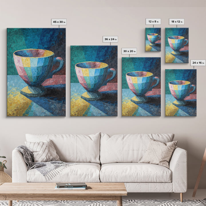 Colorful Teacup Oil Painting Canvas Print, Modern Kitchen Wall Art, Coffee Lover Gift, Vibrant Cafe Decor, Fine Art Print