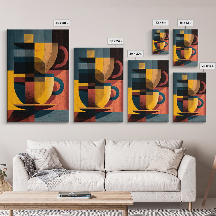 Geometric Cubist Coffee Cups Framed Canvas Print, Midcentury Modern Wall Art, Retro Kitchen Decor, Bold MCM Art Print, Home Decor