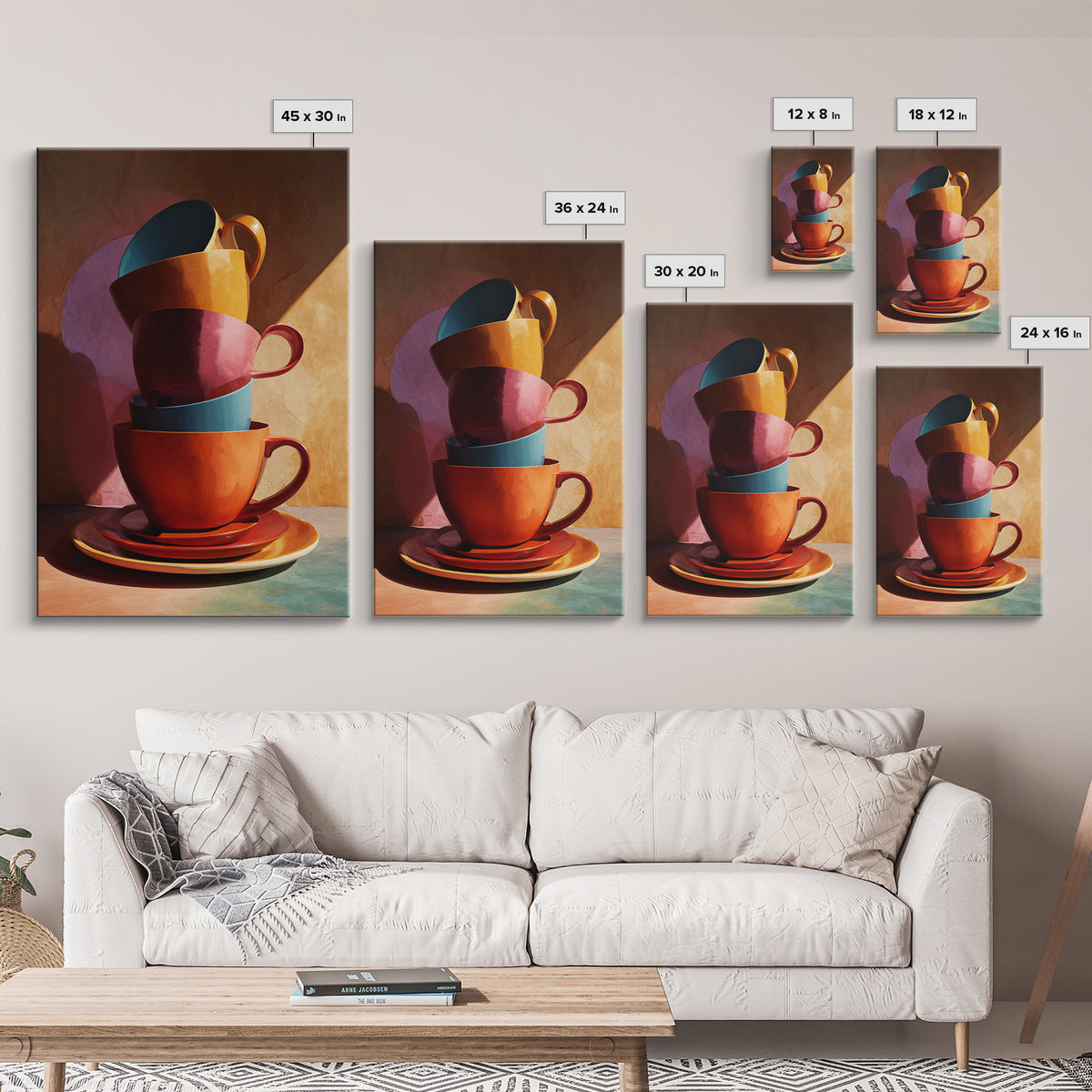 Stacked Colorful Coffee Cups Canvas Print, Modern Kitchen Wall Art, Retro Cafe Poster, Bright Home Decor, Coffee Lover Gift
