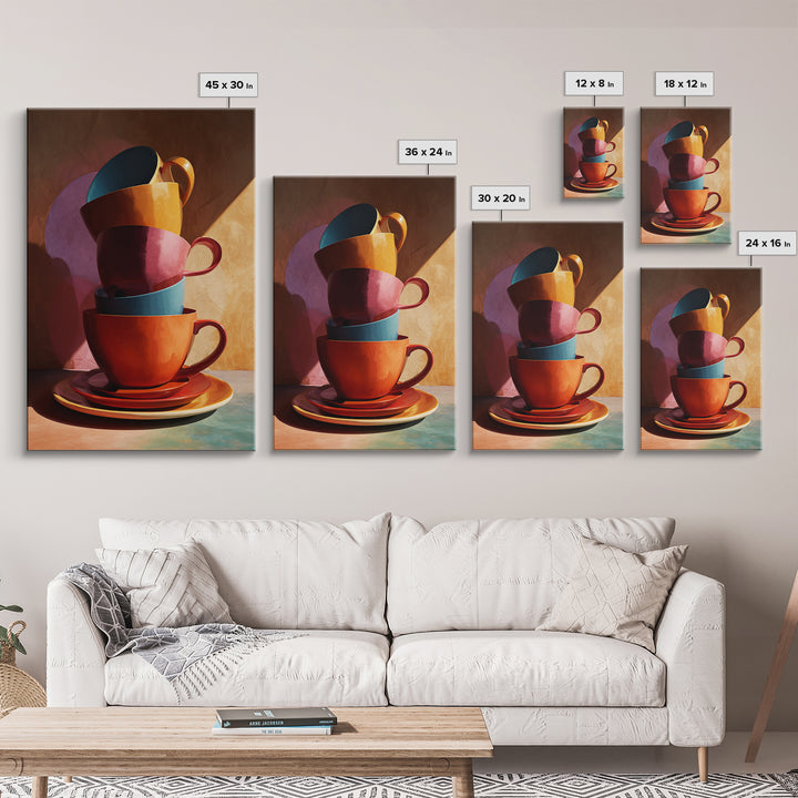 Stacked Colorful Coffee Cups Canvas Print, Modern Kitchen Wall Art, Retro Cafe Poster, Bright Home Decor, Coffee Lover Gift
