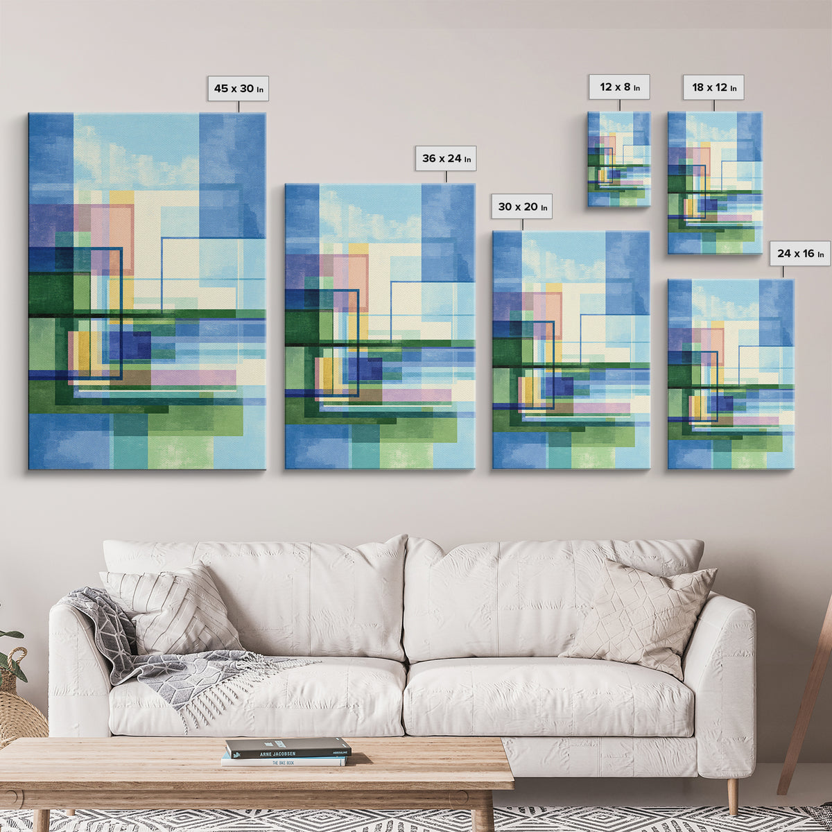 Blue Green Geometric Abstract Wall Art, Modern Art Print, Midcentury Decor, Office Wall Decor, Minimalist Canvas Print, Gift