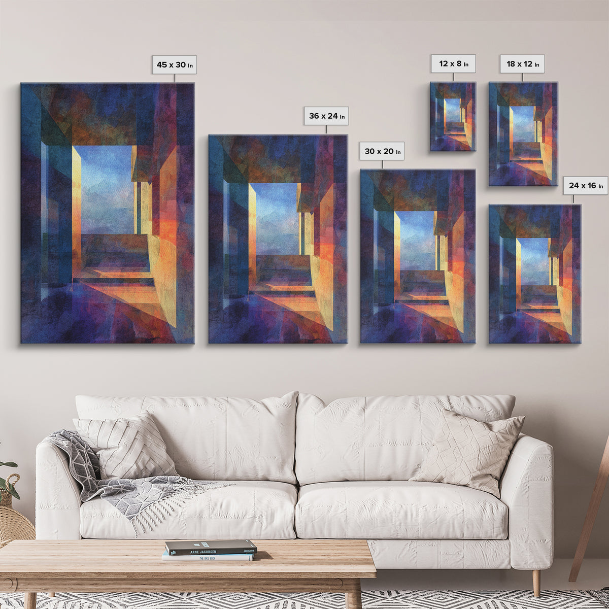 Abstract Architectural Hallway Canvas Print, Modern Wall Art, Geometric Perspective Art, Moody Blue Orange Home Office Decor
