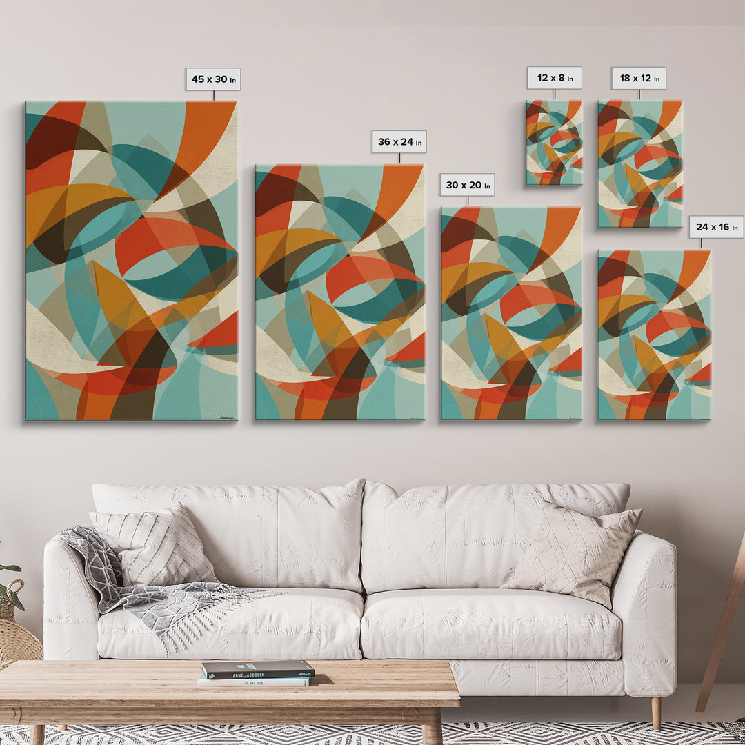Teal Orange Abstract Curves Canvas Print, Midcentury Modern Wall Art, Geometric MCM Decor, Retro Living Room Artwork, Home Decor