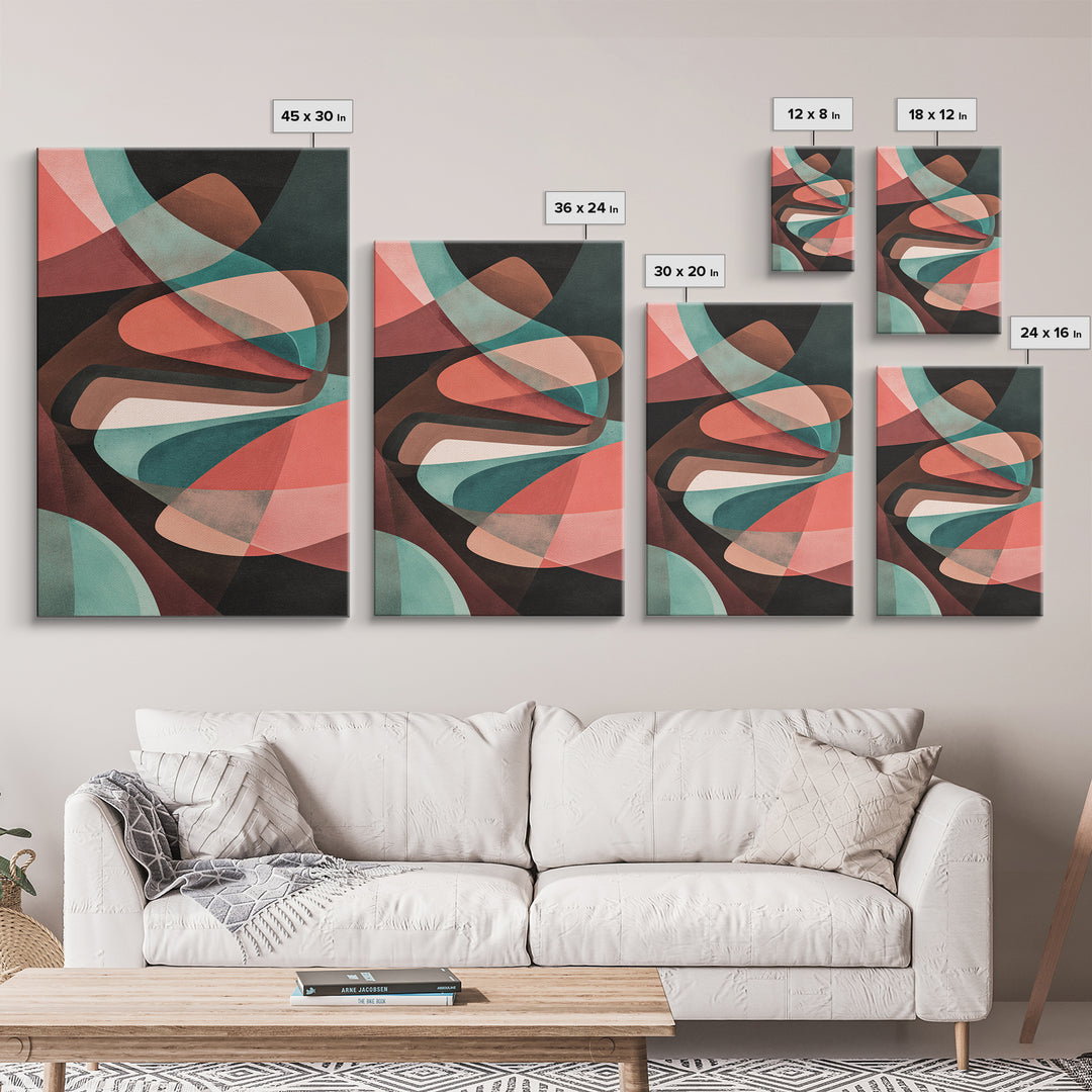 Coral Teal Dark Abstract Canvas Print, Modern Wall Art, Retro Geometric Decor, Moody Midcentury Living Room Poster, Home Office Art