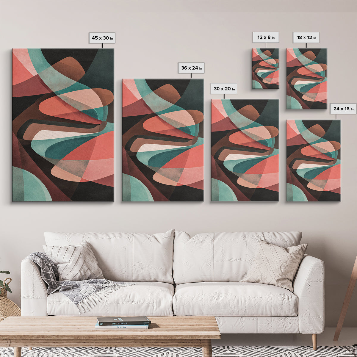 Coral Teal Dark Abstract Canvas Print, Modern Wall Art, Retro Geometric Decor, Moody Midcentury Living Room Poster, Home Office Art