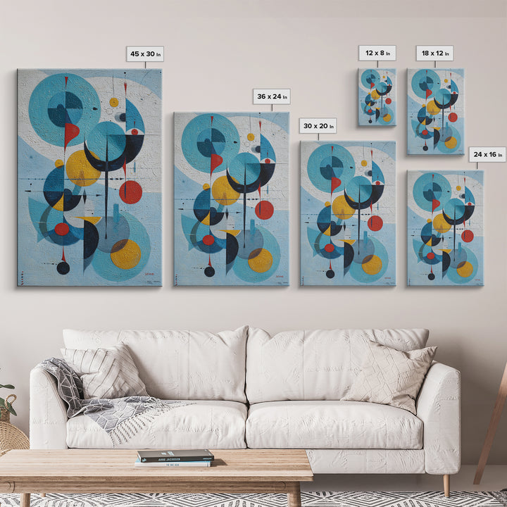 Blue Circle Bauhaus Framed Canvas Print, Midcentury Modern Wall Art, Atomic Geometric Artwork, Red Yellow MCM Decor, Living Room