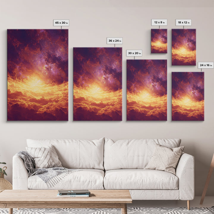 Fiery Celestial Cloudscape Canvas Print, Spiritual Wall Art, Galaxy Sky Poster, Orange Purple Modern Home Decor Gift, Bedroom Art