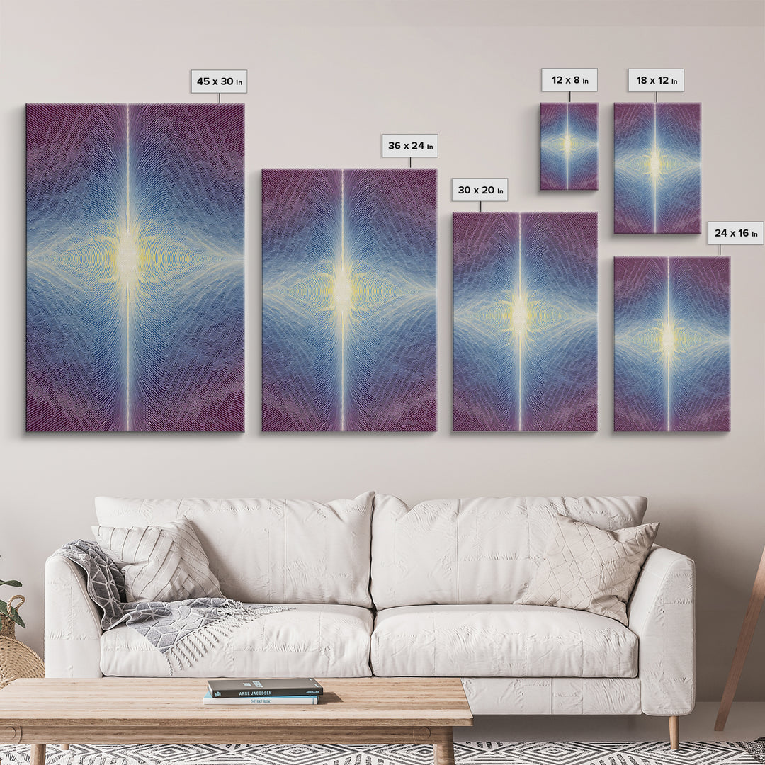 Purple Blue Radiant Light Beam Op Art Canvas Print, Modern Abstract Art, Psychedelic Wall Decor, Spiritual Digital Art Print