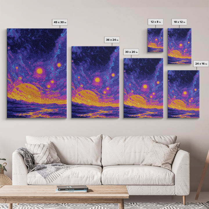 Starry Ocean Sunset Canvas Print, Cosmic Retro Wall Art, Yellow Purple Galaxy Decor, Dreamy Modern Seascape Poster, Living Room