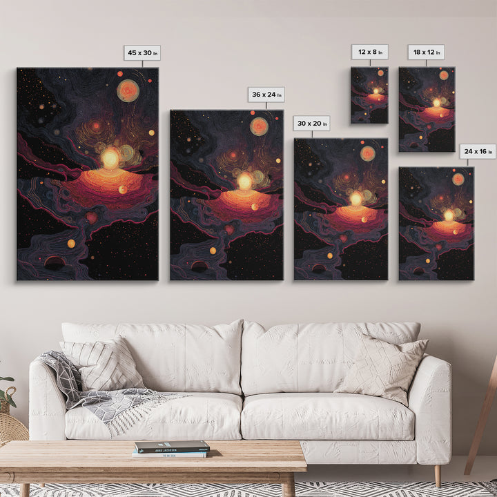 Cosmic Orange Nebula Planets Wall Art, Modern Abstract Art, Retro Sci Fi Decor, Space Poster, Statement Living Room Print