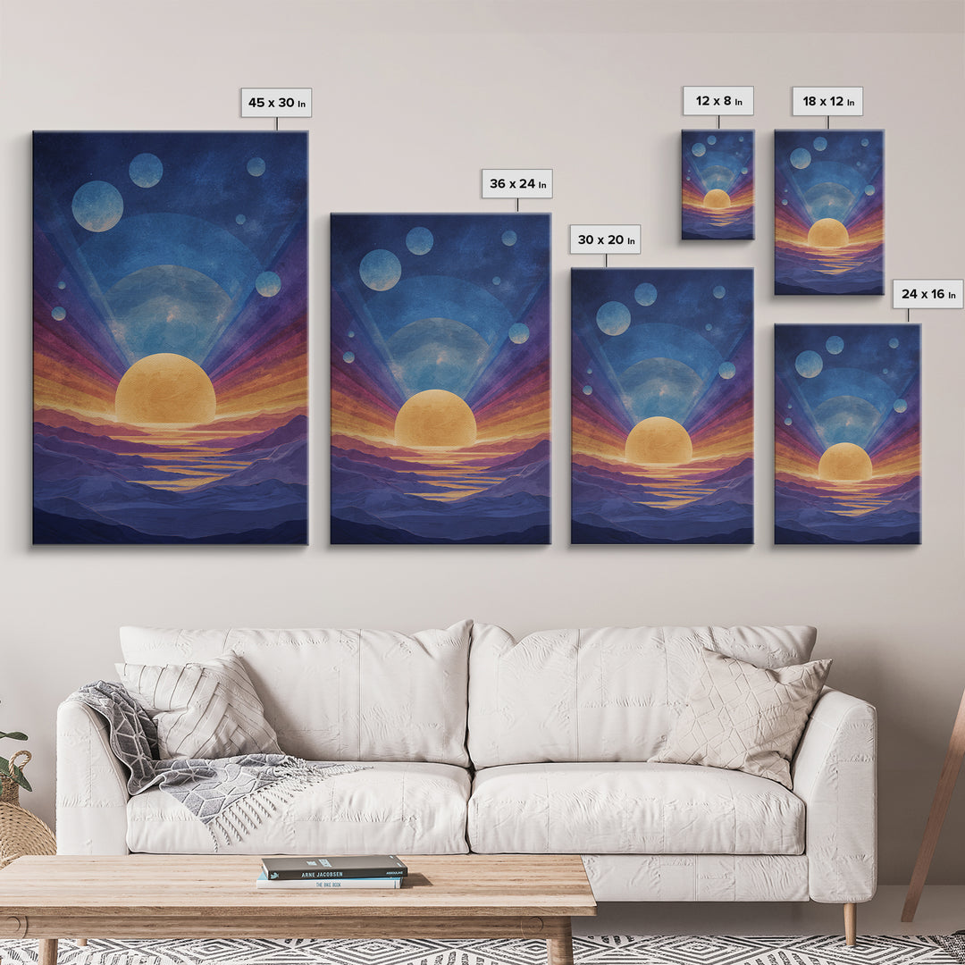 Blue Alien Sunrise Landscape Canvas Print, Modern Abstract Art, Retro Space Poster, Scenic Wall Decor, Bedroom Art Prints