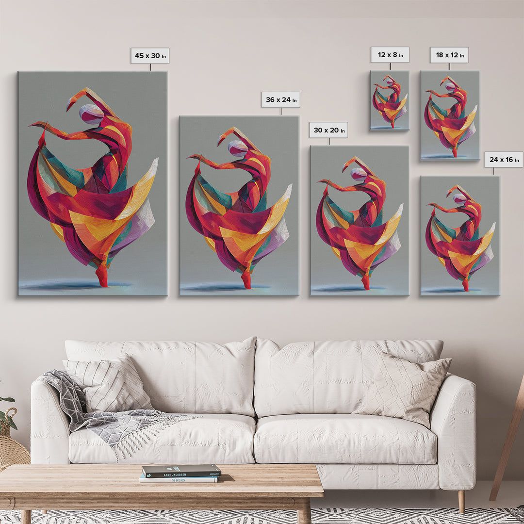 Colorful Geometric Dancer Framed Canvas Print, Modern Abstract Art, Bold MCM Wall Art, Textile Inspired Statement Decor Print