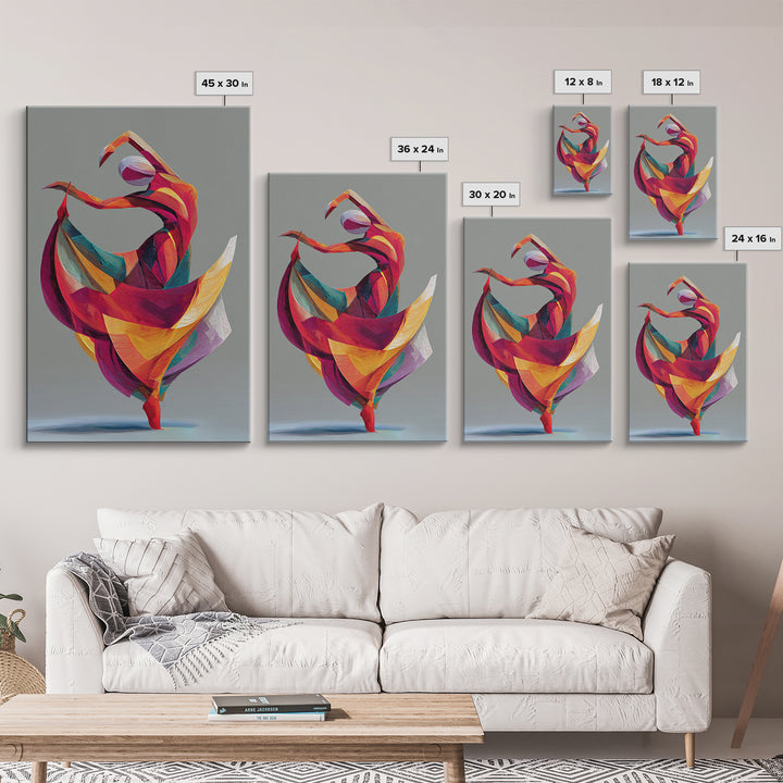 Colorful Geometric Dancer Framed Canvas Print, Modern Abstract Art, Bold MCM Wall Art, Textile Inspired Statement Decor Print