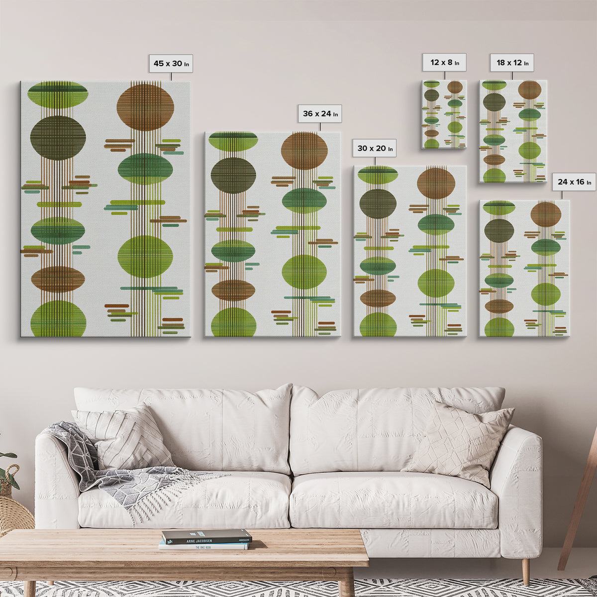 Green Brown Atomic Circles Midcentury Wall Art, Scandinavian Modern Decor, Geometric Abstract Art Print, Mcm Canvas Print