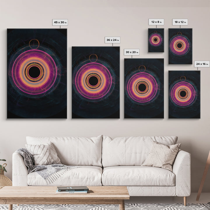 Neon Magenta Orbit Rings Canvas Print, Futuristic Geometric Abstract, Space Abstract Art, Modern Wall Art For Office Decor