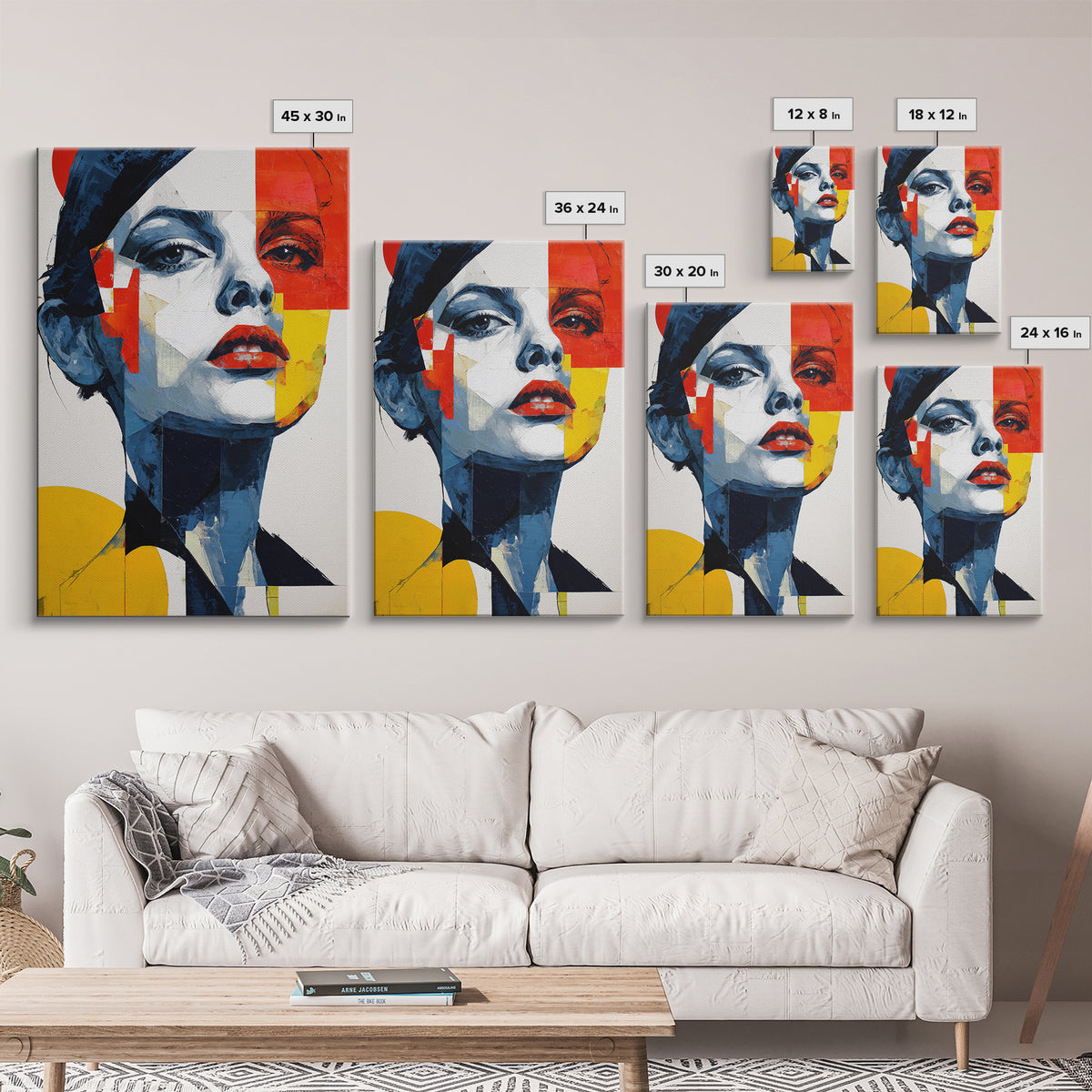 Bold Cubist Woman Portrait Framed Canvas Print, Red Yellow Blue Abstract Wall Art, Pop Art Poster, Modern Decor For Bedroom