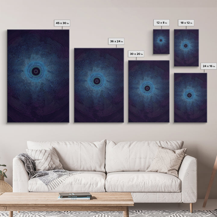 Dark Blue Concentric Vortex Op Art Canvas Print, Modern Abstract Wall Art, Cosmic Retro Poster, Geometric Home Decor Art Print