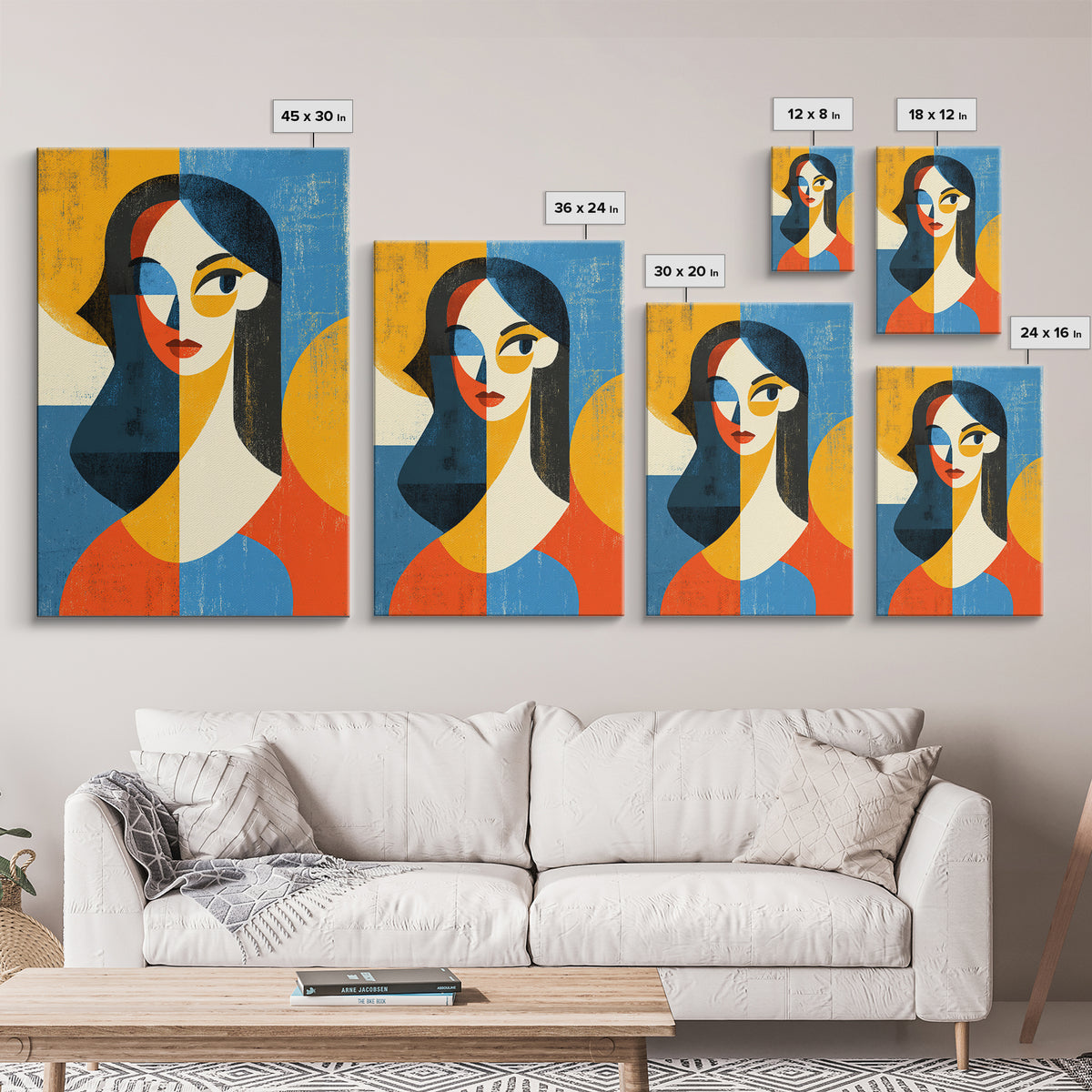 Geometric Midcentury Woman Portrait Canvas Print, Modern Abstract Art, Bauhaus Poster, Orange Blue Decor For Living Room
