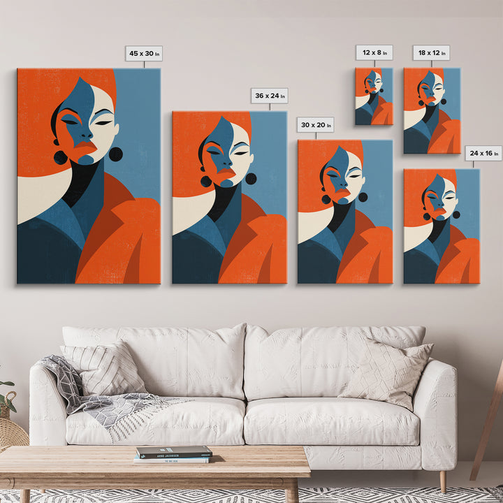 Elegant Orange Blue Woman Portrait Framed Canvas Print, Midcentury Modern Art, Fashion Wall Decor, Bold Retro Poster Gift