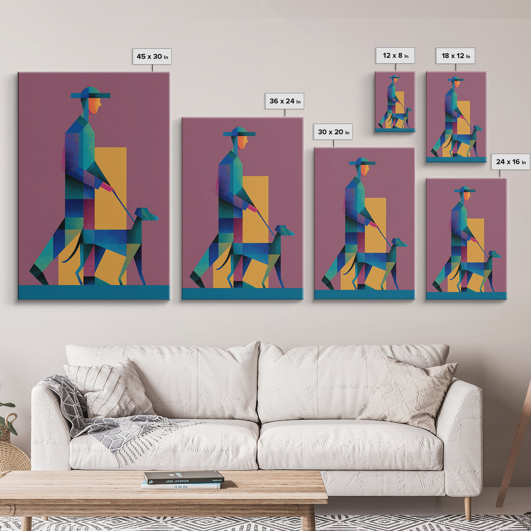 Geometric Man Walking Dog Canvas Print, Midcentury Modern Wall Art, Bauhaus Style Poster, Retro Pet Lover Home Decor Gift