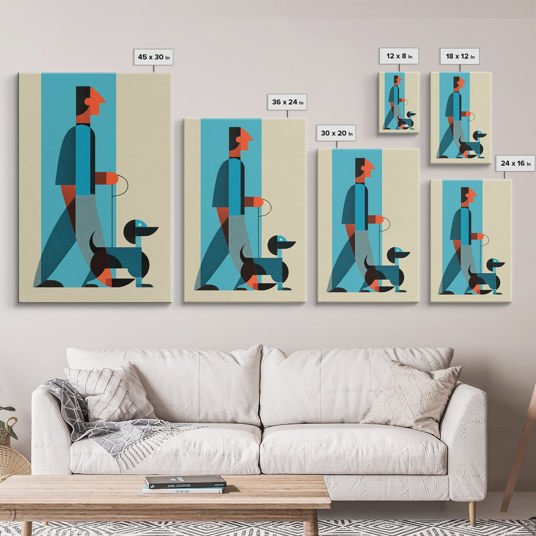 Midcentury Man With Dachshund Wall Art, Geometric Modern Art Print, Retro Dog Walker Poster, Minimalist Home Decor Gift For Dog Lovers