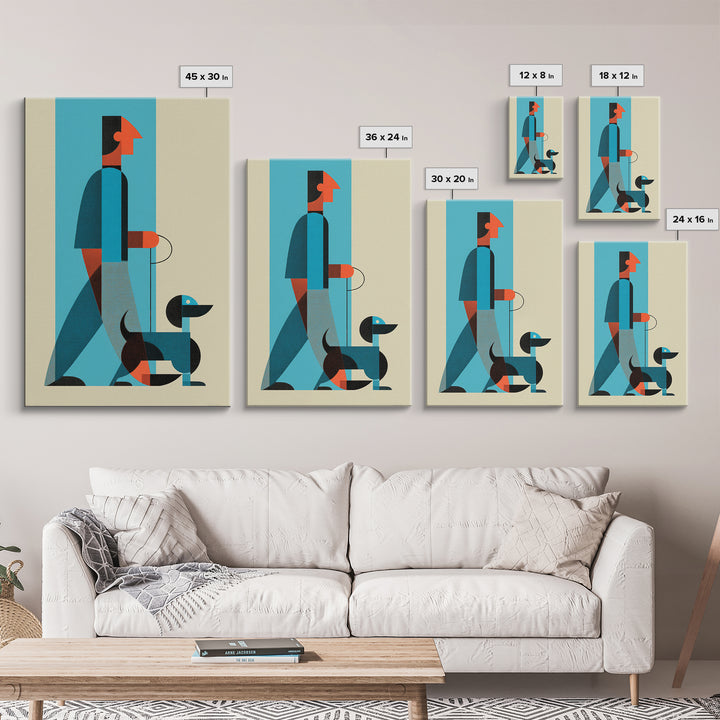 Midcentury Man With Dachshund Wall Art, Geometric Modern Art Print, Retro Dog Walker Poster, Minimalist Home Decor Gift For Dog Lovers