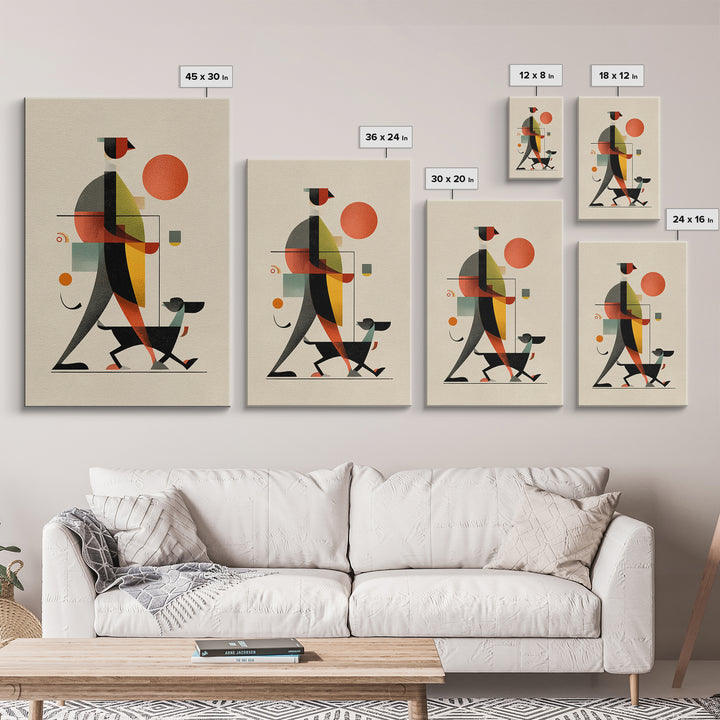 Bauhaus Man Walking Dog Framed Canvas Print, Midcentury Modern Wall Art, Geometric Sun Poster, Retro Home Office Decor Gift